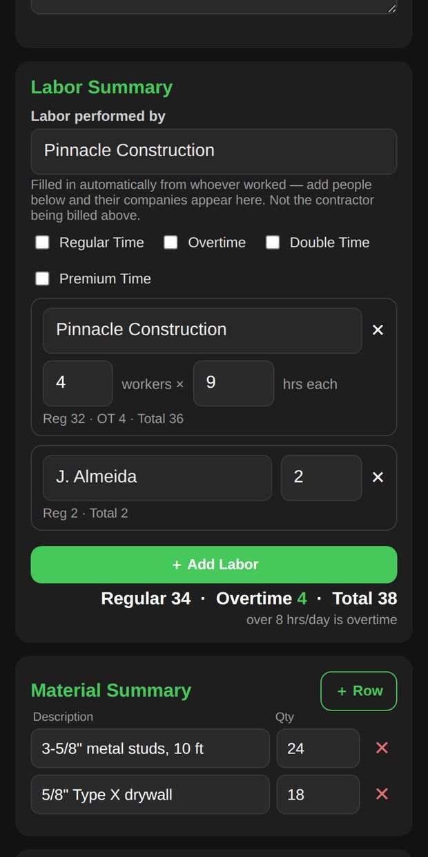 Filling out labor on an extra work ticket
