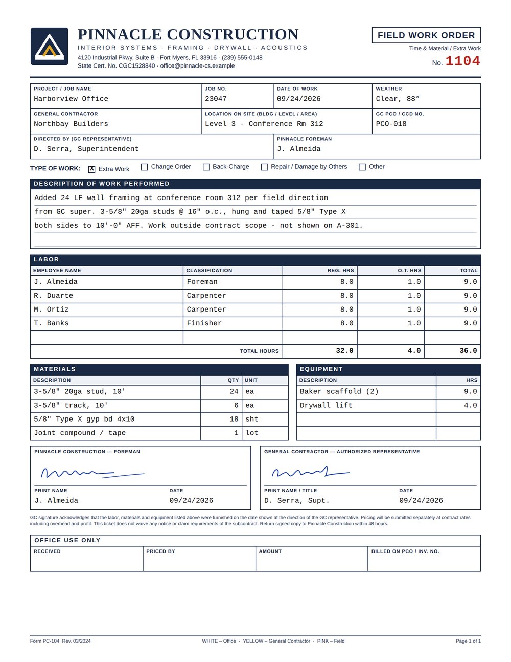 A company's own Field Work Order, filled out and signed in Oversite Reports